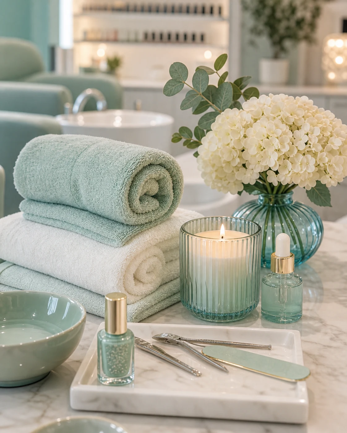 Mint towels and candle