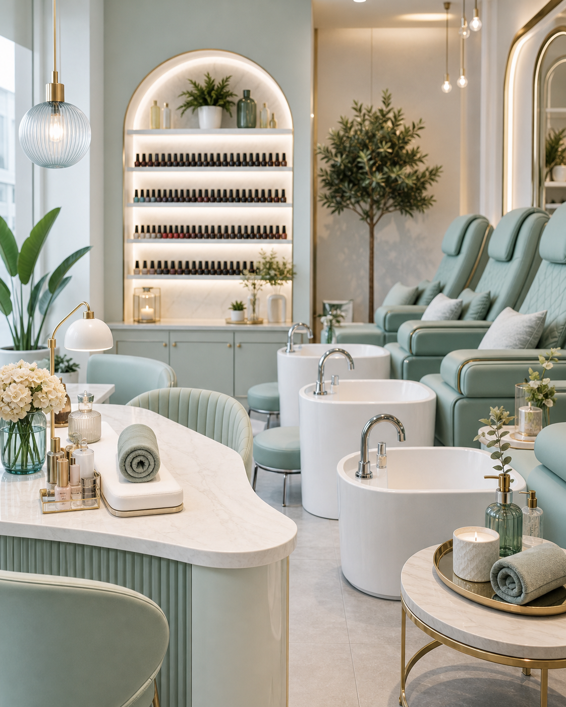 Bright mint luxury nail salon interior