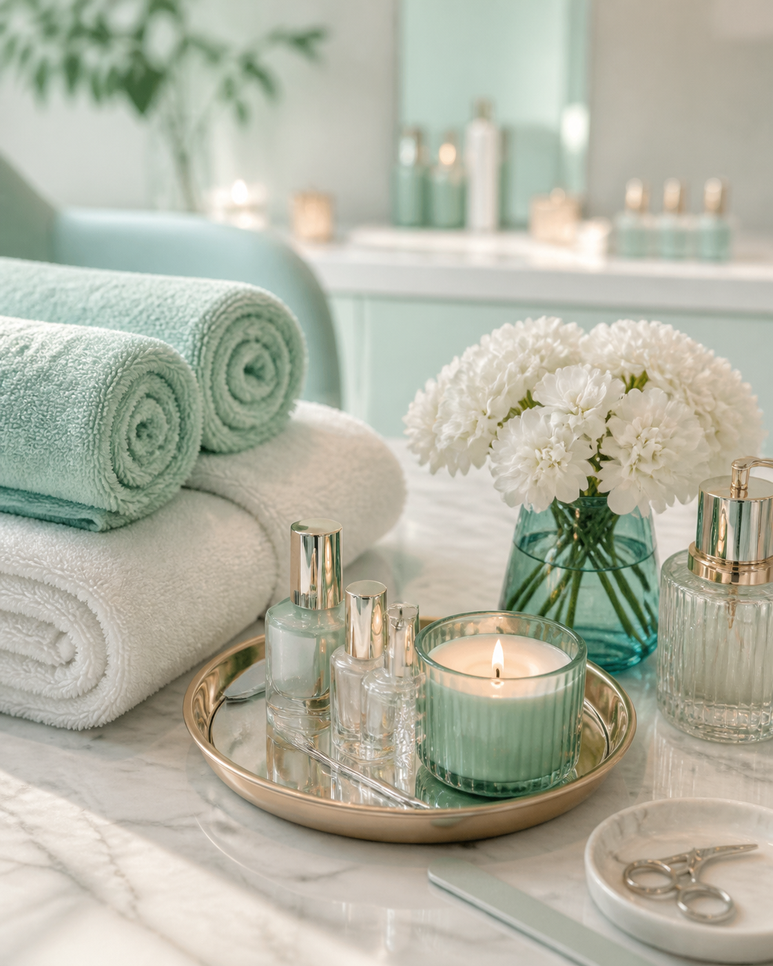 Mint salon towels and candle
